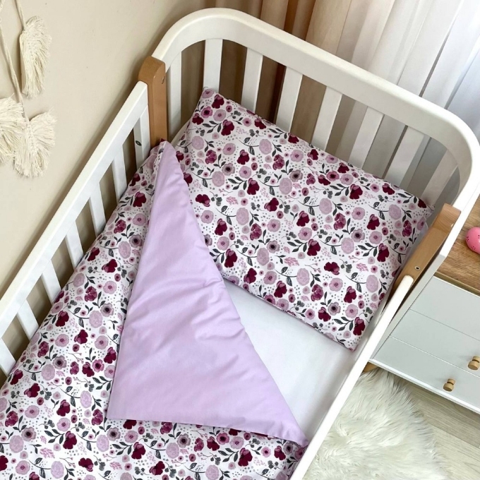 Set lenjerie de schimb pentru patut bebe 3 piese Mix flori mov (2)
